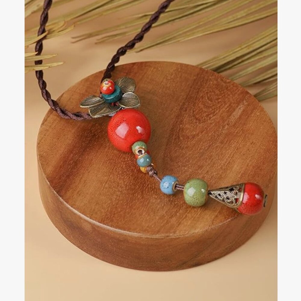 Anthro Vintage Bohemian Ceramic Bead Y Necklace – Antique Floral Pendant - Picture 3 of 5